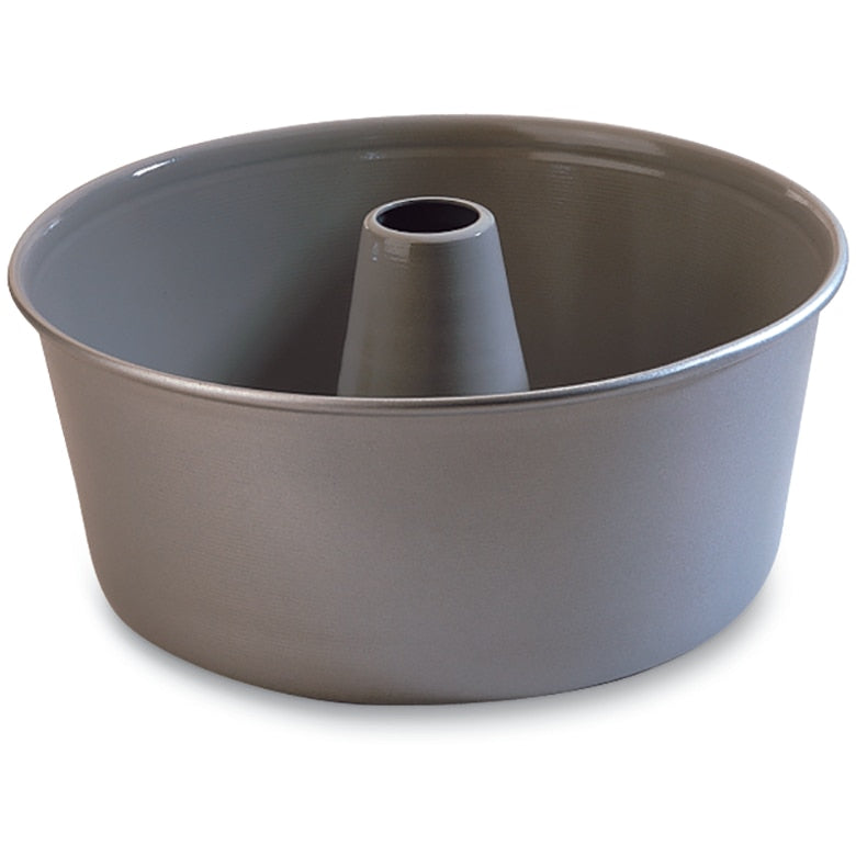 Angel food and pound cake pan pictured on white background. Pan is gray aluminum and round with cone shaped insert in middle