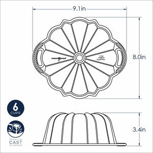 Sketched out dimensions of bundt pan in black on white background; Sketch of pan from top view measures 9.1"x8.0" across; Sketch of pan from side measures 3.4" from top to bottom; "6 CUPS" and "PREMIUM CAST ALUMINUM" written in blue bubbles on left side