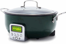 Load image into Gallery viewer, Closeup of dark geen GreenPan Smart Skillet on white background; lid on top with stainless steel handle, handles also on either side of skillet pan; bright light green screen face on front of pan with buttons below for &quot;MENU&quot; &quot;TIME&quot; &quot;TEMP&quot; &quot;START&quot; &quot;+&quot; and &quot;-&quot;; Screen reads &quot;INSERT PAN&quot;; options surrounding include &quot;Stir fry&quot; &quot;Saute&quot; &quot;Simmer&quot; &quot;Steam&quot; &quot;Warm&quot; &quot;White Rice&quot; &quot;Brown Rice&quot; &quot;Grains&quot; &quot;Soup&quot; and &quot;Preheat&quot;