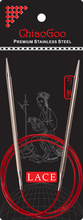Load image into Gallery viewer, Stainless steel circular knitting needles with satin-sheen finish connected by red cable on black and red ChiaoGoo packaging; Packaging reads &quot;ChiaoGoo Premium Stainless Steel&quot; and &quot;LACE&quot; with image of woman knitting on background