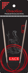 Stainless steel circular knitting needles with satin-sheen finish connected by red cable on black and red ChiaoGoo packaging; Packaging reads "ChiaoGoo Premium Stainless Steel" and "LACE" with image of woman knitting on background