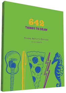 Bright lime green book pictured angled on white background; Front and spine of book read "642 THINGS TO DRAW, YOUNG ARTIST'S EDITION" in yellow and purple; Sketches of an upside down guitar, a pen, a melting slice of pizza, a lightning bolt, and a seahorse in blue, yellow, and purple
