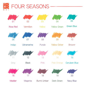 Display of each color in watercolor brush pen 20 color set. Reads "SAI FOUR SEASONS" in orange at top of page on white background. Colors 01 through 20 sampled and labeled in small scribble patches for each. Colors read "01- Rose Red, 02- Vermilion, 03- Yellow, 04- Yellow Green, 05- Green Blue, 06- Indigo, 07- Ultramarine, 08- Purple, 09- Yellow Ocher, 10-Brown, 11- Gray, 12- Black, 13- Pink, 14-Pale Orange, 15- Cerulean Blue, 16- Madder, 17- Magenta, 18- Burnt Umber, 19- Dark Green, 20- Navy Blue"