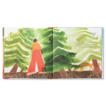 Load image into Gallery viewer, Opened page of book All That I Am. Left side shows drawing of boy in orange shirt and red pants in bright green forest looking up at the tops of the trees. Right side shows continuing forest in browns and greens, a small orange fox sniffing forest floor, and books&#39; text above