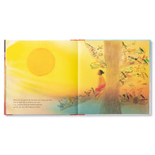 Load image into Gallery viewer, Opened pages of book All That I Am. Left side shows bright yellow sun hanging in the sky above the books&#39; text. Right side shows young boy and various woodland birds and animals all crowded onto tall tree and staring up at the sun