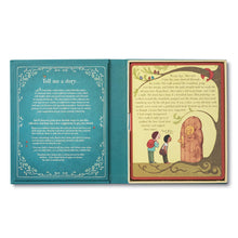 Load image into Gallery viewer, Open page of And Then... Storybook. Back inside flap Reads &quot;Tell me a story...&quot; and goes on to describe the concept of the book. Right side of book depicts two young boys with book bags staring curiously at a wooden door with large golden knob and knocker