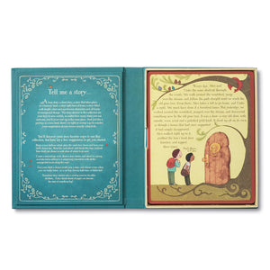 Open page of And Then... Storybook. Back inside flap Reads "Tell me a story..." and goes on to describe the concept of the book. Right side of book depicts two young boys with book bags staring curiously at a wooden door with large golden knob and knocker