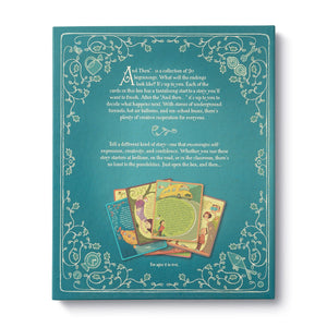 Back image of And Then... Storybook shows blue background with description of book in white over top