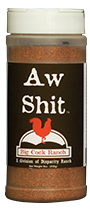 Load image into Gallery viewer, Black bottle label, white lettering, white cap and red chicken logo. Seasoning name; "Aw shit" 