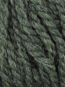 Close up of Jody Long Andeamo yarn in color 021. Strands in shades of light and dark green