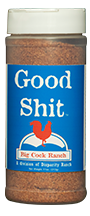 Blue bottle label, white lettering, white cap and red chicken logo. Seasoning name; "Good shit"