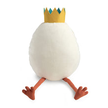 Load image into Gallery viewer, Giant egg plushie wearing yellow and blue crown with two orange chicken legs sticking out