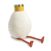 Load image into Gallery viewer, Giant plush egg sitting on white background and wearing tall yellow and blue crown with two orange chicken legs sticking out from bottom