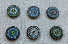 Load image into Gallery viewer, Image of 6 round green/blue/black buttons with mandala patterns on them. Each has two holes in middle
