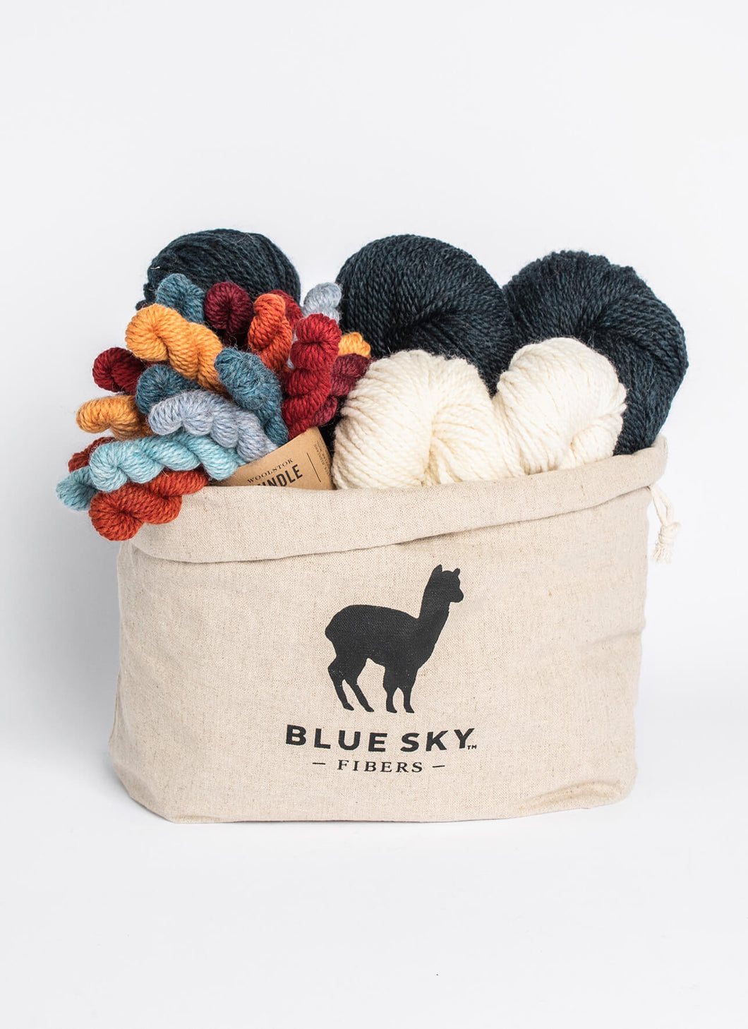 A beige canvas bag with a black alpaca picture on the front which says Blue Sky Fibers.  The bag is filled with three large navy skeins of yarn and 2 white large skeins of yarn and a bundle of multi colored mini skeins.