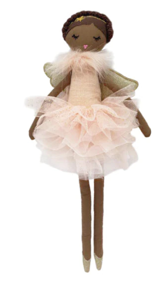 Black ballerina doll in pink tulle tutu with gold colored angel wings on white background; Dolls eyes closed with eyelashes pointed down, pink feather fluff collar around neck and gold colored headband with star around brown hair; Toes pointed down in gold colored ballet flats that match wings
