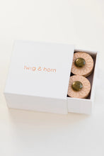 Load image into Gallery viewer, Small white box on white background; Box reads &quot;twig &amp; horn&quot; in bright orange across middle of box; Box is partially open to reveal two round post buttons; Buttons are light tan with bronze colored center and flower-like line indentions spraying out from middle 