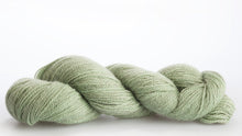 Load image into Gallery viewer, Isager Alpaca 2 yarn in color 46 on white background. Color 46 mostly strands of light mint green