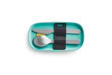 Load image into Gallery viewer, Knife and spoon sitting in the teal to-go box from a birds-eye-view angle