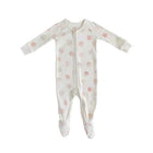 Load image into Gallery viewer, White footed sleeper with zipper covered in light blue and red moon circle faces on white background