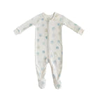 Load image into Gallery viewer, White footed sleeper with zipper covered in small blue and light gray circle moon faces on white background