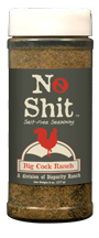 Grey bottle label, white and red lettering, white cap and red chicken logo. Seasoning name; "No shit"