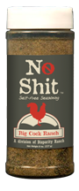 Grey bottle label, white and red lettering, white cap and red chicken logo. Seasoning name; 