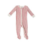 Load image into Gallery viewer, Red and white striped footed jumper with zipper running down middle lays on white background]