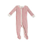 Red and white striped footed jumper with zipper running down middle lays on white background]