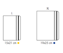 Load image into Gallery viewer, Image of dimensions of art work notebook. Shows sketches of L and XL sizes and reads &quot;15x21 cm&quot; for large and &quot;19x25 cm&quot; for XL