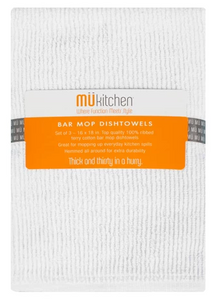 White dishtowel with the brand package/label on it. The brand name 'Mu kitchen' and name of product 'Bar Mop Dishtowels' are easily visible on the front of the packaging.