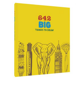 Bright yellow book on white background; Reads "642 BIG THINGS TO DRAW" in red, blue, and green at the top of book; Sketches of an ice cream cone tower, a marker, an elephant, Big Ben, and a diamond ring at the bottom of the book in brown