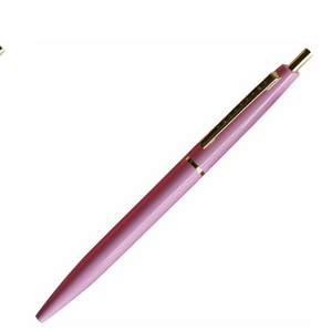 Peach pink ball point pen with gold ring in the middle of the pen, gold clip and button.