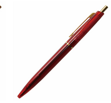 Load image into Gallery viewer, Clear red (translucent) ball point pen with gold ring in the middle of the pen, gold clip and button.