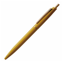 Load image into Gallery viewer, Mustard yellow ball point pen with gold ring in the middle of the pen, gold clip and button.