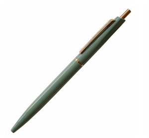 Sage green ball point pen with gold ring in the middle of the pen, gold clip and button.