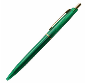 Clear green (translucent) ball point pen with gold ring in the middle of the pen, gold clip and button.