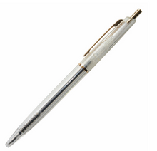 Load image into Gallery viewer, Crystal clear (translucent) see-through, ball point pen with gold ring in the middle of the pen, gold clip and button.