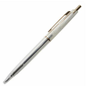 Crystal clear (translucent) see-through, ball point pen with gold ring in the middle of the pen, gold clip and button.