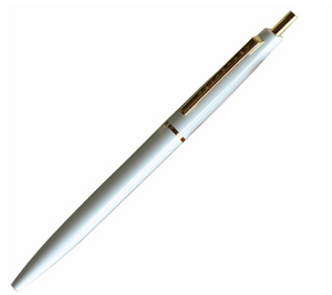 Snow white ball point pen with gold ring in the middle of the pen, gold clip and button.