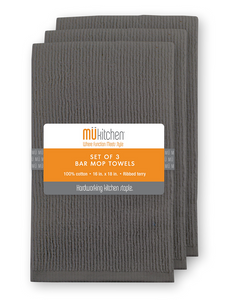 Grey dishtowels with the brand package/label on it. The brand name 'Mu kitchen' and name of product 'Bar Mop Dishtowels' are easily visible on the front of the packaging.
