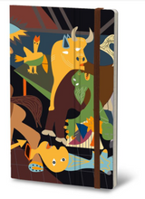 Load image into Gallery viewer, Image of front cover of artwork notebook with abstract drawings of animals in shades of blue, green brown, yellow, and orange, brown band running up and down cover on right side