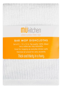 White dishcloth with the brand package/label on it. The brand name 'Mu kitchen' and name of product 'Bar Mop Dishcloths' are easily visible on the front of the packaging.