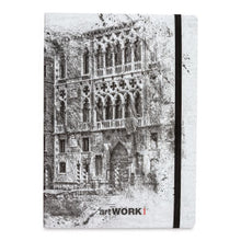 Load image into Gallery viewer, Image of artwork cover with black and white sketch of older building, black band running from top to bottom of cover on right side