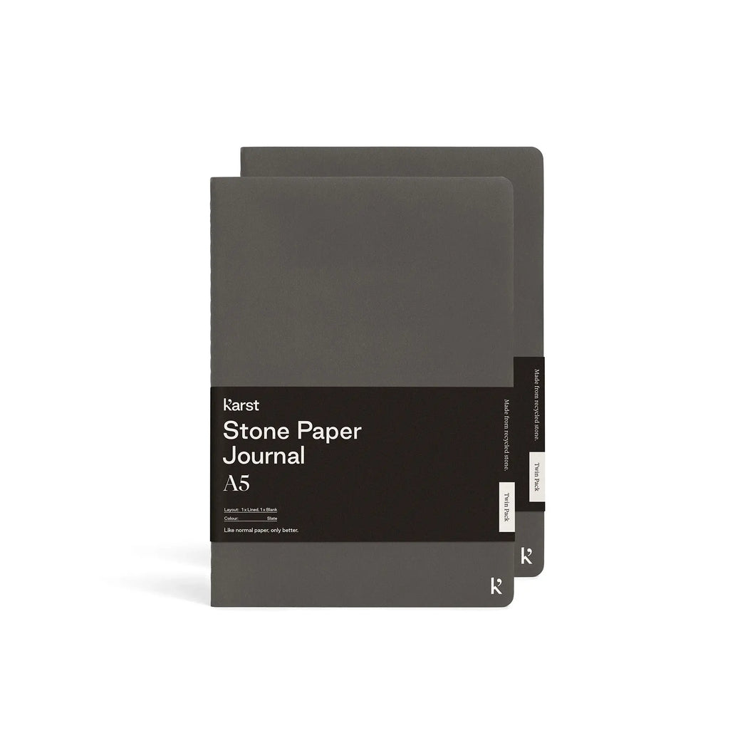 Two dark gray journals stagger stacked on top of each other; Front journal has large black rectangular paper wrap half way down reads 