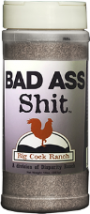 Load image into Gallery viewer, White and silver bottle label, black lettering, white cap and red chicken logo. Seasoning name; "Bad ass shit"