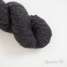 Load image into Gallery viewer, American Romney + Merino Yarn Stone Wool in color Quartz 03. Strands in shades of dark and light gray