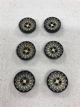Load image into Gallery viewer, Image of 6 black white round buttons with floral design in middle. Each have four holes in middle.