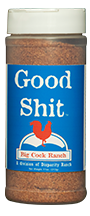 Load image into Gallery viewer, Blue bottle label, white lettering, white cap and red chicken logo. Seasoning name; "Good shit"