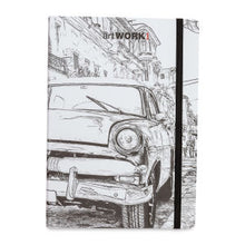 Load image into Gallery viewer, Image of front cover of artwork notebook, features sketch of car in black and white with black band running from top to  bottom on right side